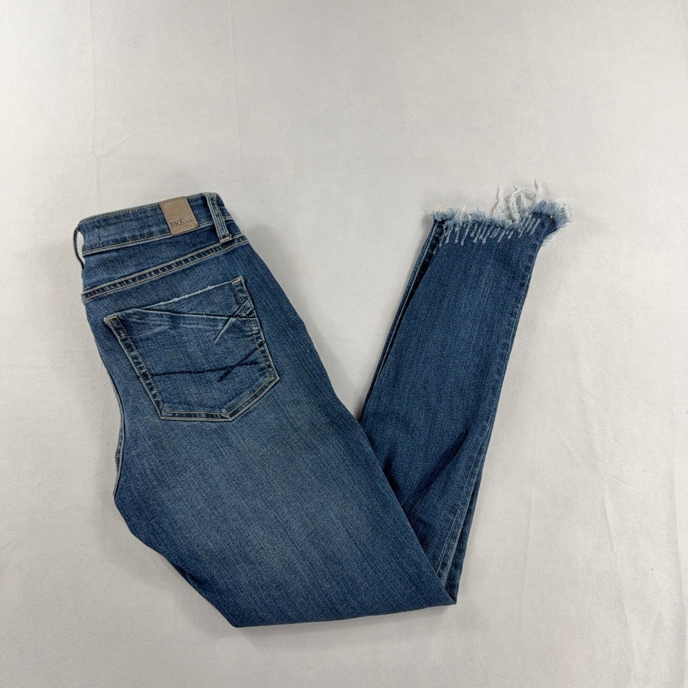 BKE Gabby High Rise Curvy Ankle Skinny Jeans Frayed Hem Blue Womens Size 25